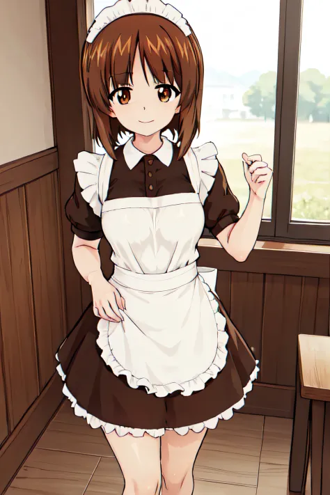 1girl, solo, girls und panzer, nishizumi miho,  brown eyes, brown hair, short hair, (maid uniform:1.4),closed mouth,happy,indoors, cafe