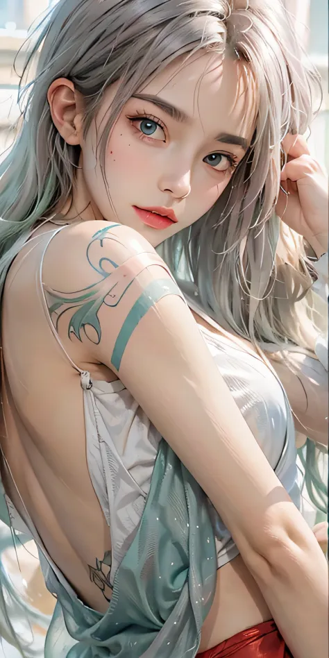Photorealistic, high resolution, Soft light,1womanl, Solo, Hips up, (Detailed face), Nami \(One Piece\), tattoo, jewelry,Pink an...