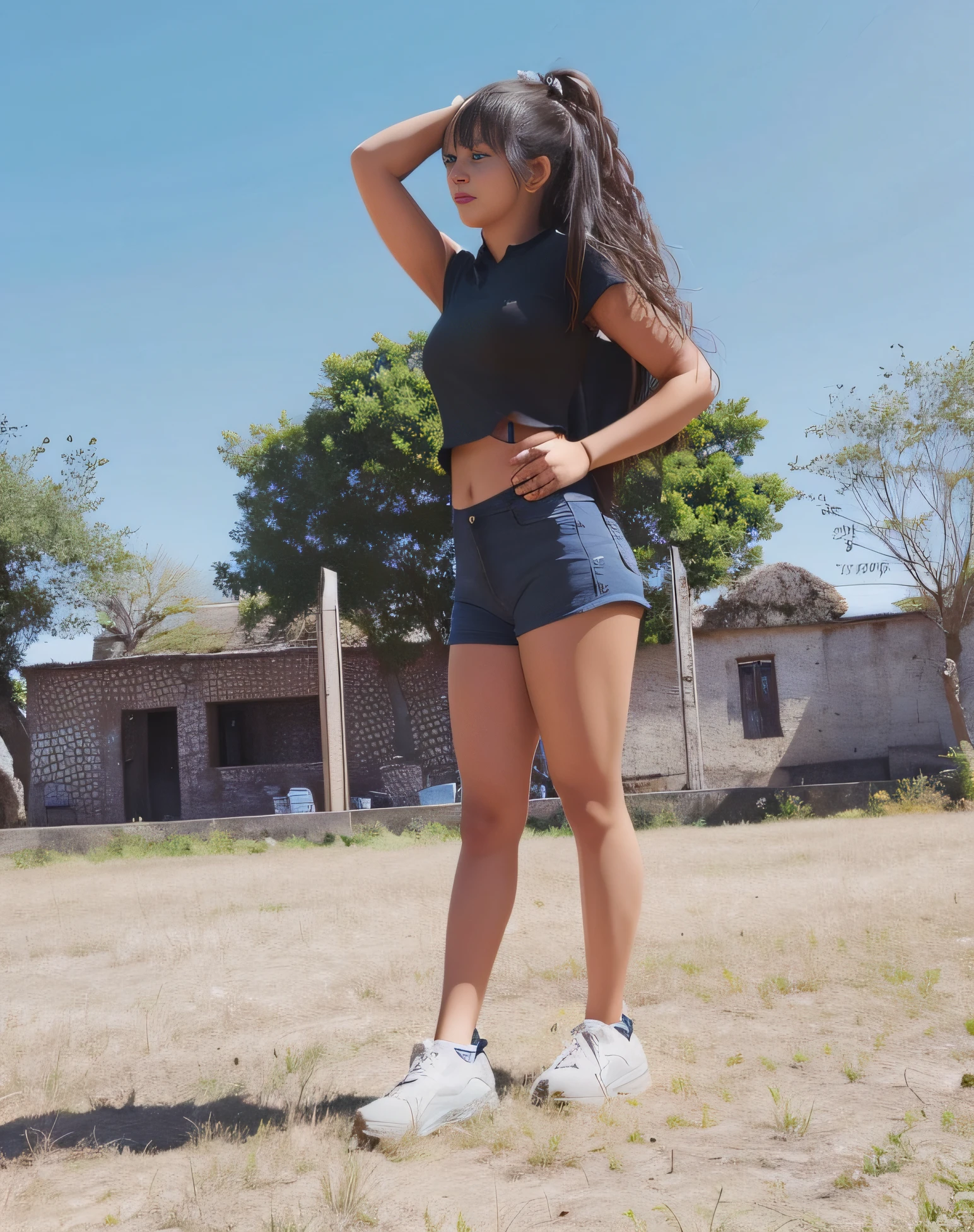 A woman in a black top and blue shorts standing in a field - SeaArt AI