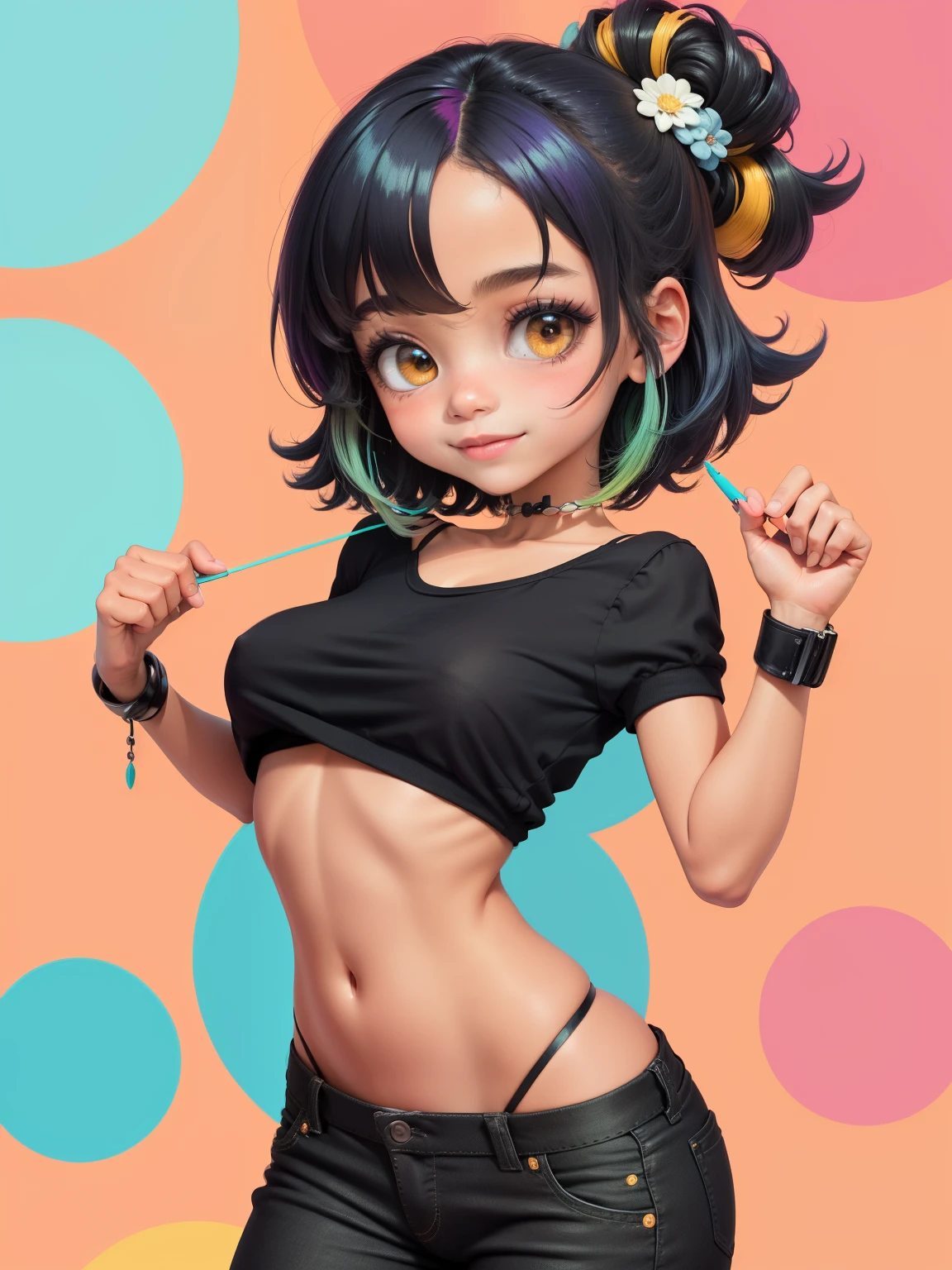 (Masterpiece artwork), (best qualityer), (ultra detali), (fully body: 1.2) nsfw black girl, crop black sweatshirt, pants, crop blouse, clear smile, fully body, :3, multicolor hair, wrapped around, Crespo, modern curly, Modern accessories, pastel tone background , colorful and simple.