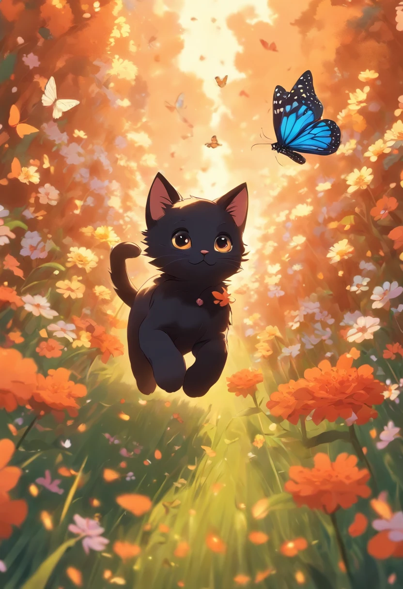un lindo vector de un gatito negro persiguiendo una mariposa monarca a través de un campo florido, estilo animado, Estilo M Jenni, digital ilustración, acercándose a la perfección, muy detallado, liso, enfoque nítido, ilustración, resolución 4k