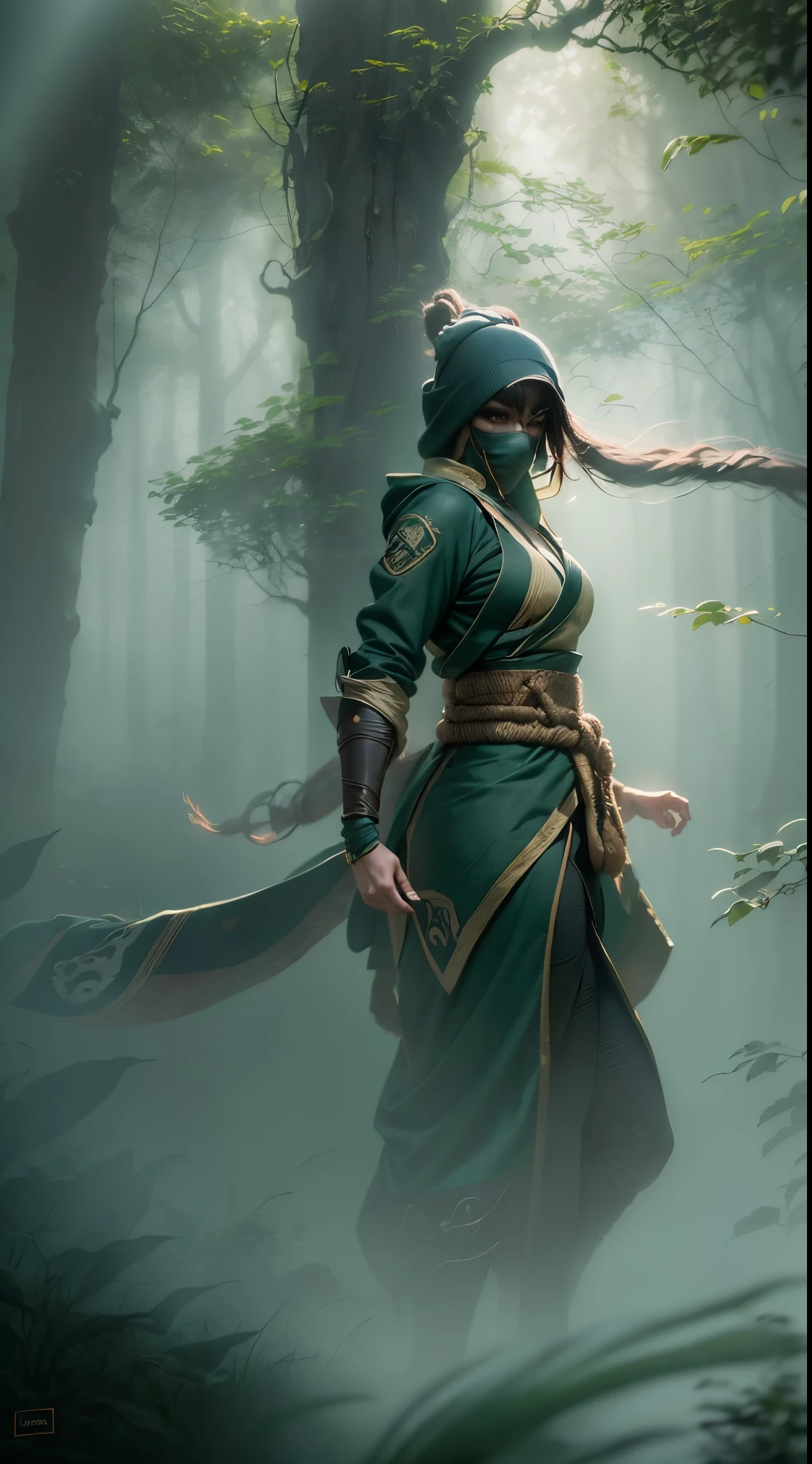 Akali, in the midst of a dense, mystical fog-filled forest, her figure barely visible, creating an air of suspense and danger. The fog plays with the shadows of her ninja outfit, revealing glimpses of her intensity. The environment is rich with ancient trees and hidden paths