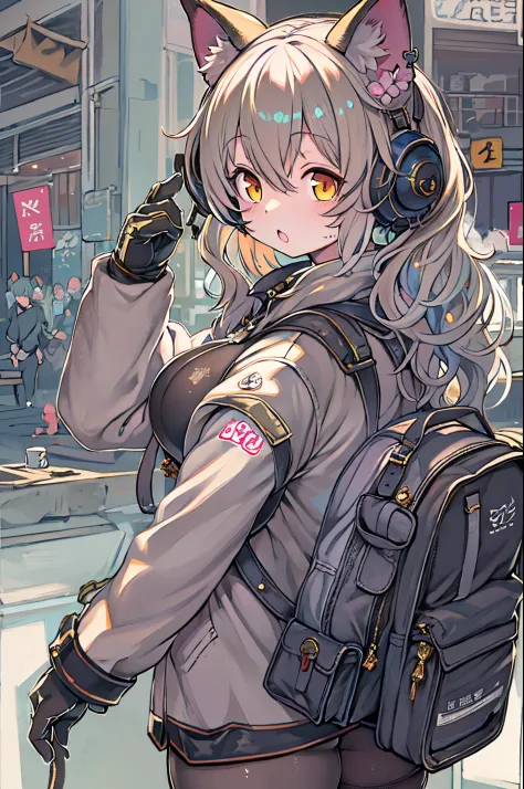 Anime character standing in front of a table with cat ears and a backpack, Kantai Collection Style, girls frontline style, from ...