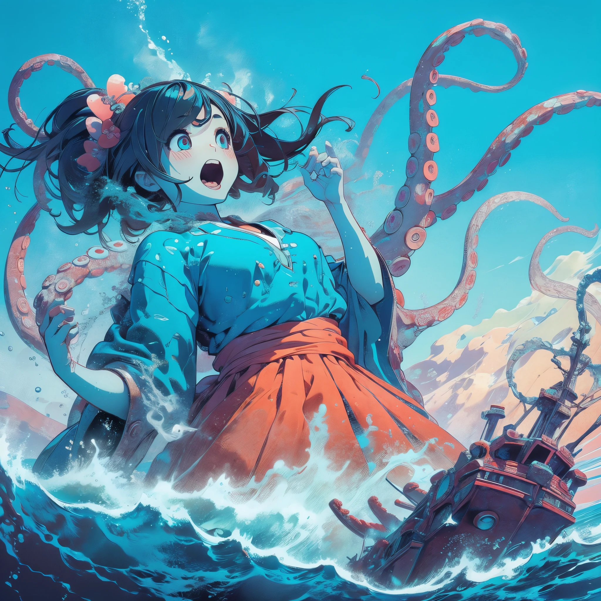 Океан. гигантская девочка. Атаки из-под поверхности. Девушка атакует корабль. щупальца на дне океана. плавать. Стиль.