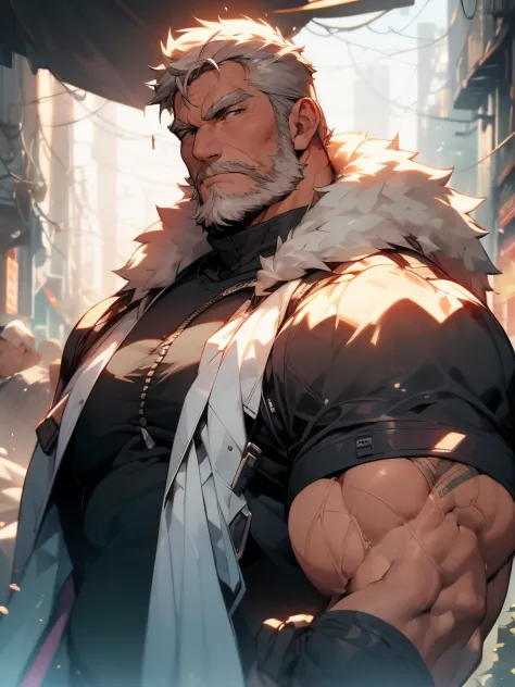 masuter piece、Extremely detailed、Detailed face、Detailed eyes、Detailed hand、detailed arms、view full body(Up to the lower half of the body)、muscular body、Fat(Fat、Fat)、silber hair、long beard、Good arm、Good eyes、Elderly Man、Cyberpunk clothing