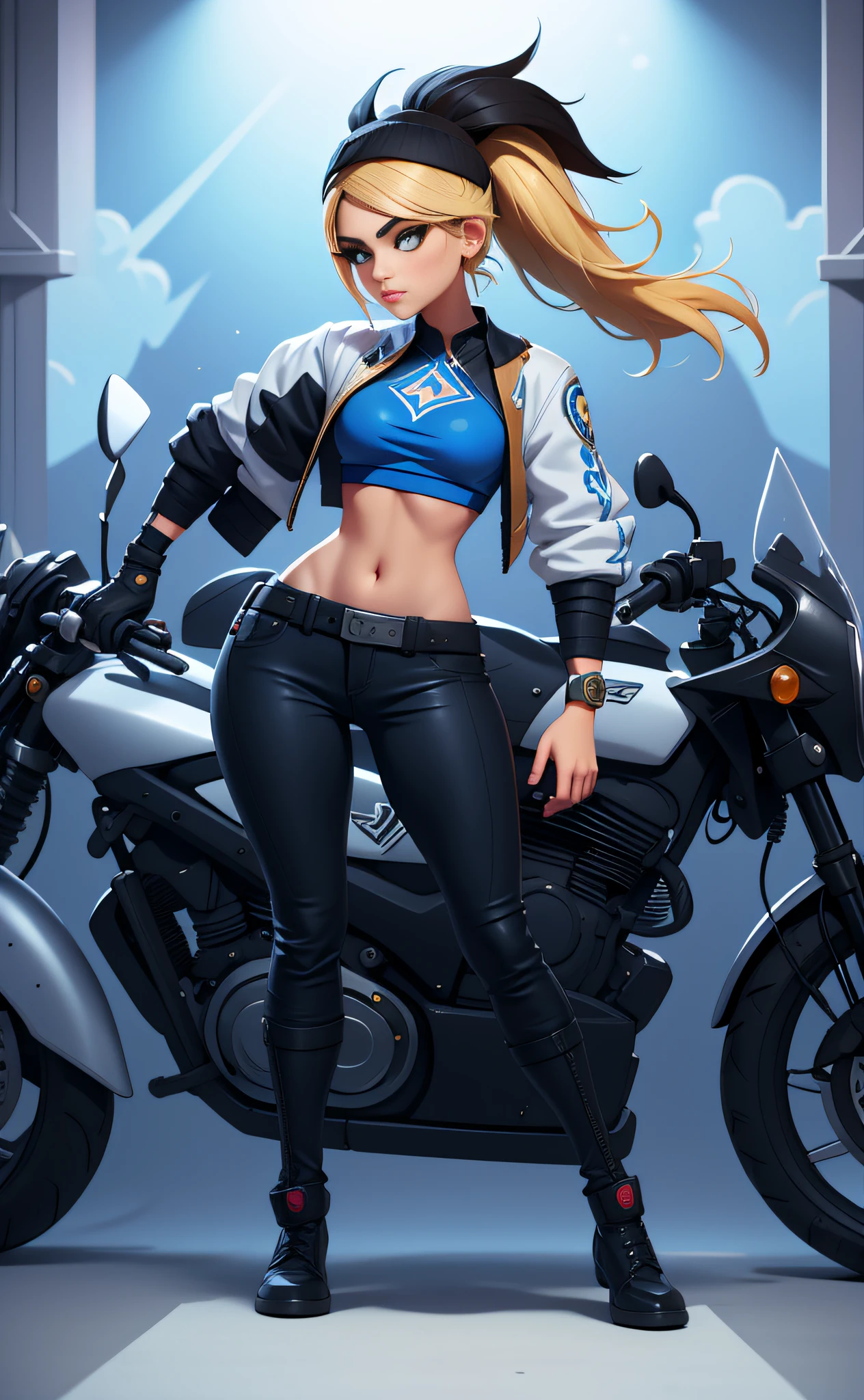 Akali,  League of Legends, mit blonden Haaren und blauem Oberteil steht neben einem Motorrad, kda, extrem detailliertes Artgerm, style artgerm, artgerm jsc, ! dream artgerm, from League of Legends, cushart kenz,