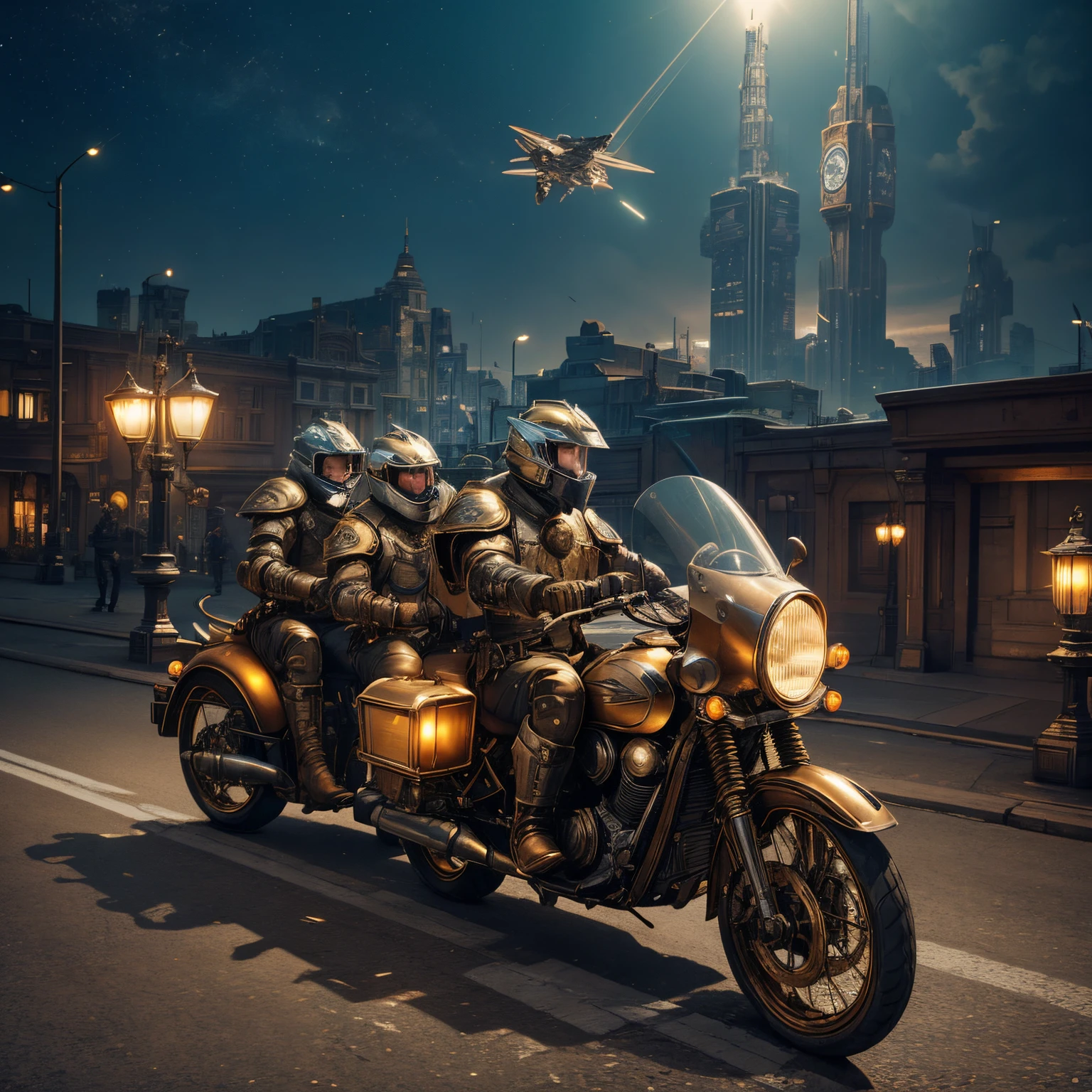Model DreamShaper ,SteampunkSchematics three men wearing beige armor , flying on unusual flying motorcycles over the night city , Front light ,Front light , Detail, coloration, beutiful, HDR, Photorealistic, hight resolution, ultra_ah high_nothing, Cinematographer, aesthetic, extremely_tender, hight resolution, 16k, ..Raw, Ultra Hainada, ultra details, Подробнее Fвos,