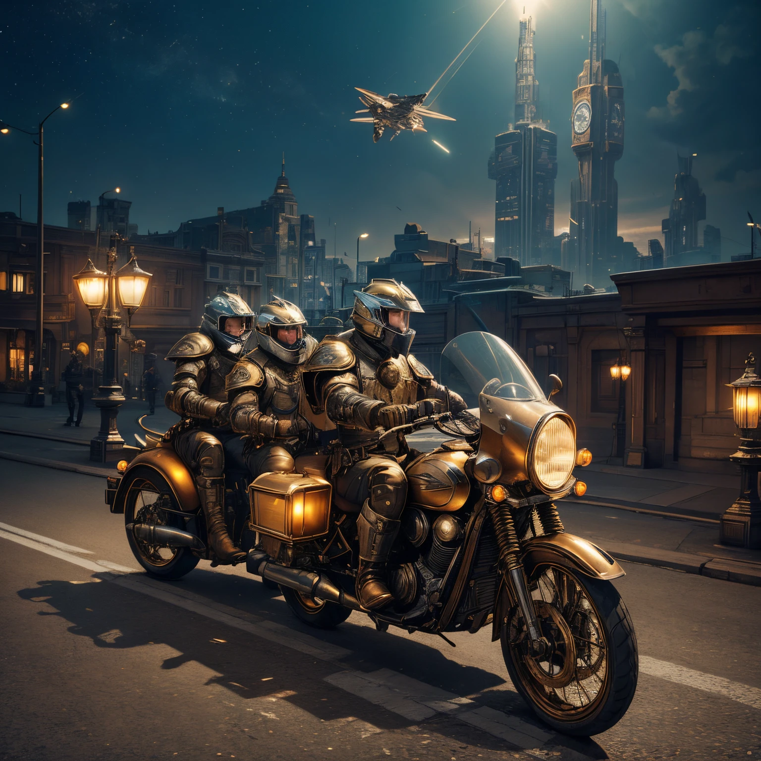 Modelo DreamShaper ,SteampunkSchematics tres hombres con armadura beige , volando en inusuales motocicletas voladoras sobre la ciudad nocturna , Luz delantera ,Luz delantera , detalle, coloración, hermoso, hdr, Fotorrealista, alta resolución, ultra_ah alto_nada, Director de fotografía, Estético, extremadamente_licitación, alta resolución, 16k, ..CRUDO, Ultra Hainada, ultra detalles, Más detalles Fоs,