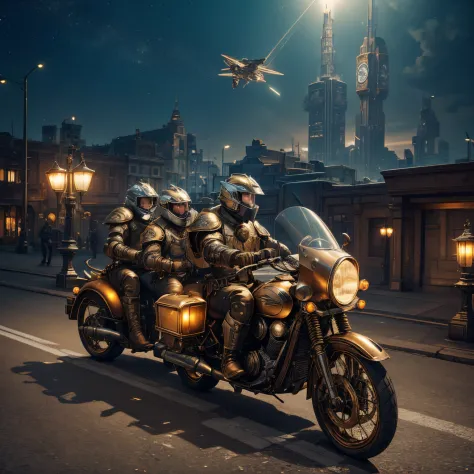 Model DreamShaper ,SteampunkSchematics three men wearing beige armor , flying on unusual flying motorcycles over the night city ...