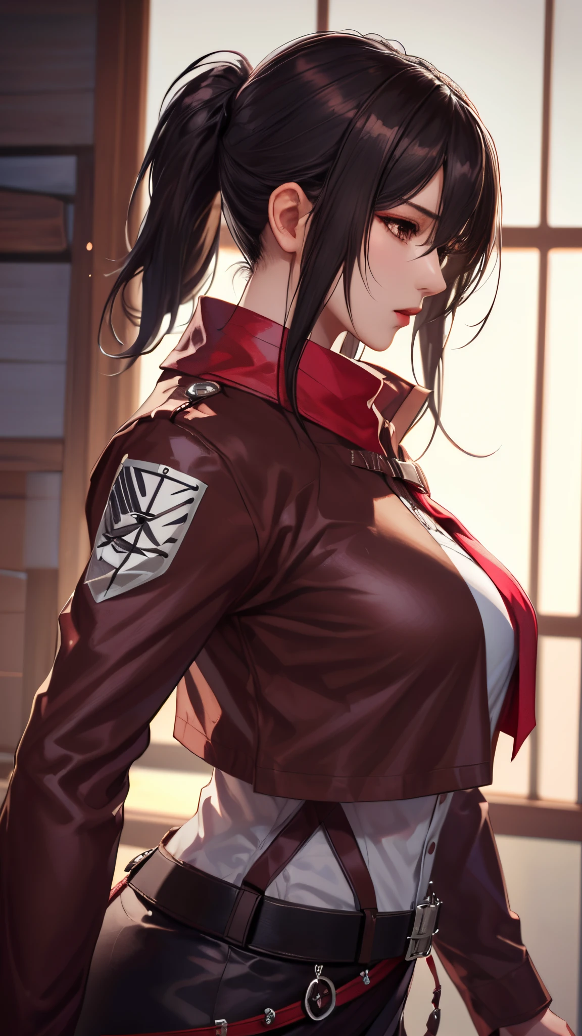 （（（planning_ackerman，through bangs, obi strip, belt buckle, 黑The eye, Brown belt, Brown jacket, Buckle up, Formal shirts, hair between eye, jaket, longer sleeves,  Open your clothes, Open jacket, uniform of heaven, red neckchief, The shirt, ））），((tmasterpiece)),A high resolution, ((Best quality at best))，tmasterpiece，top-quality，Best quality，（（（ exquisite facial features，looking at viewert,There is light in the eyes，Smilingly，Self-confident ））），（（（Light and shadow interlace，huge boob））），（（（araf asian woman posing, beautiful Korean women, Sam rice cereal, Realistic young gravure idol, Lop, beautiful attractive anime woman, Korean girls, Japan goddess, drying，and the sun was shining brightly, seductive anime girls, gorgeous young korean woman,  yanjun chengt,seen from the side）））