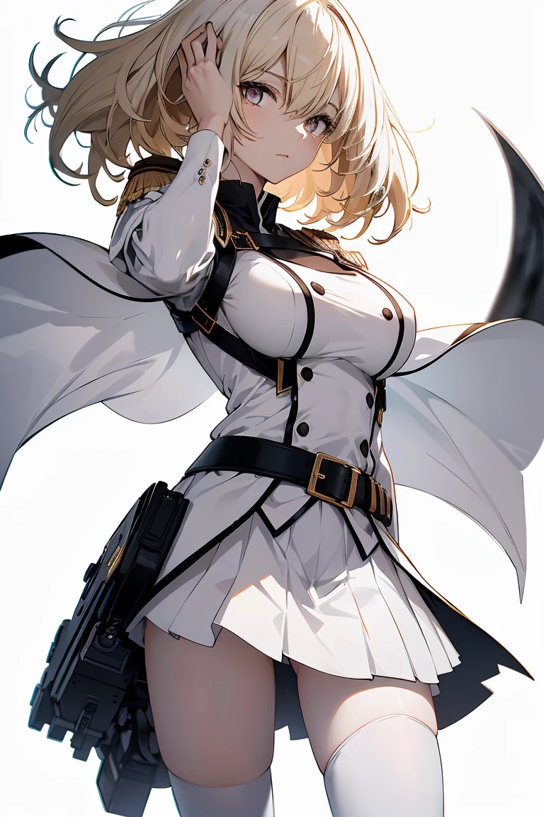 (Super Sexy Pose:1.2), 1 girl in, Full body, White one-piece military uniform, (masutepiece:1.2, Best Quality), (finely detailed beautiful eye: 1.2), (beautifull detailed face), High contrast, (Best Illumination, extremely delicate and beautiful), ((Cinematic Light)), Dramatic light, dark orange eyes, flat chest, Belt under breast, White military uniform, White skirt,blonde  hair, Black tie,  (Pale white background:1.5), Wolf cut hair,