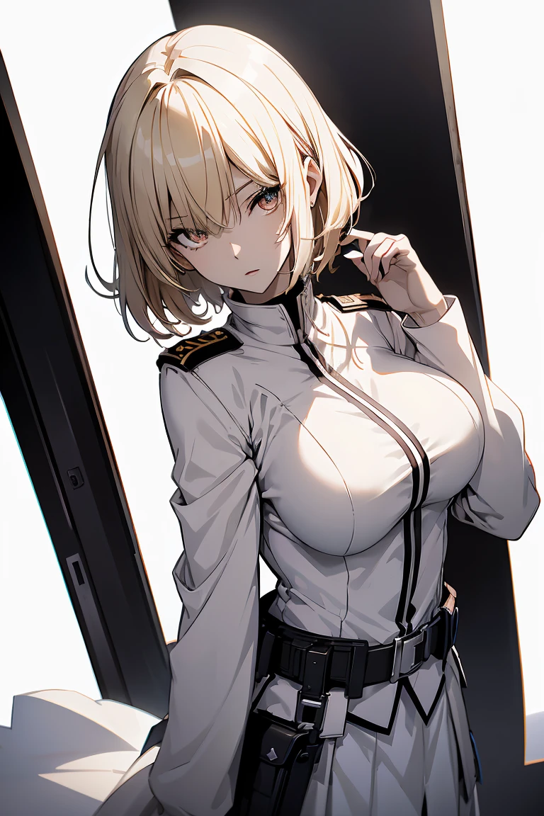 (Super Sexy Pose:1.2), 1 girl in, Full body, White one-piece military uniform, (masutepiece:1.2, Best Quality), (finely detailed beautiful eye: 1.2), (beautifull detailed face), High contrast, (Best Illumination, extremely delicate and beautiful), ((Cinematic Light)), Dramatic light, dark orange eyes, flat chest, Belt under breast, White military uniform, White skirt,blonde  hair, Black tie,  (Pale white background:1.5), Wolf cut hair,