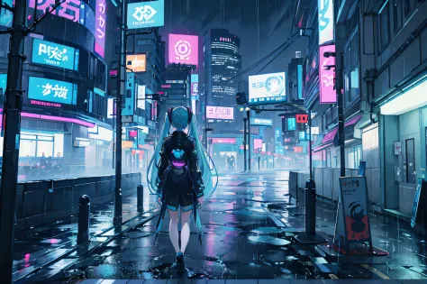 miku hatsune, cyberpunk city, futuristic, heavy rain, 8k, anime wallpaper 8k, absurdres, ultrasharp, night, city streets, japan,...