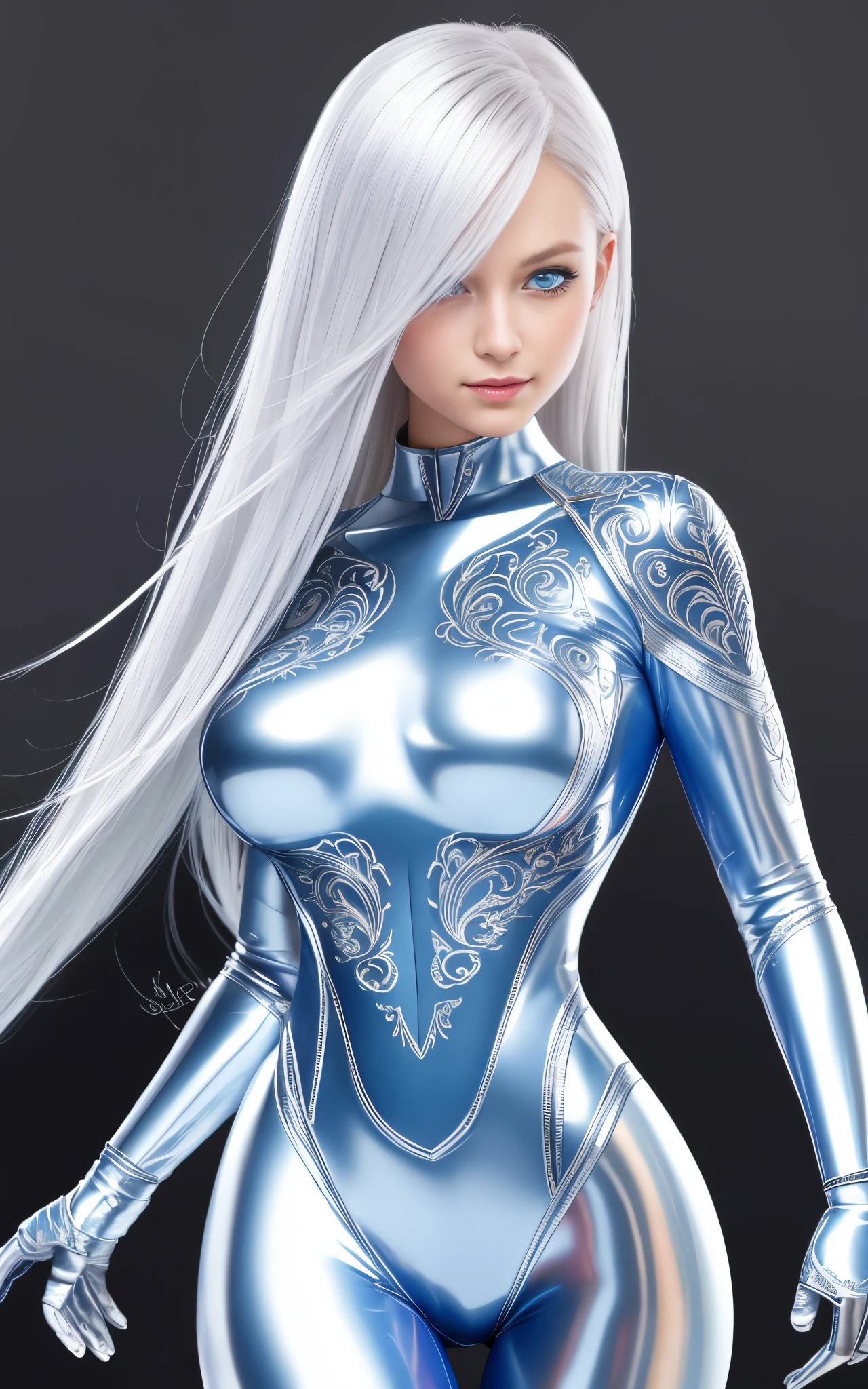 blue eyes, medium shot, stunning proportions, smile, photorealistic, a beauty girl, bodysuit, silver hair, intricate details, large breasts, zero suit