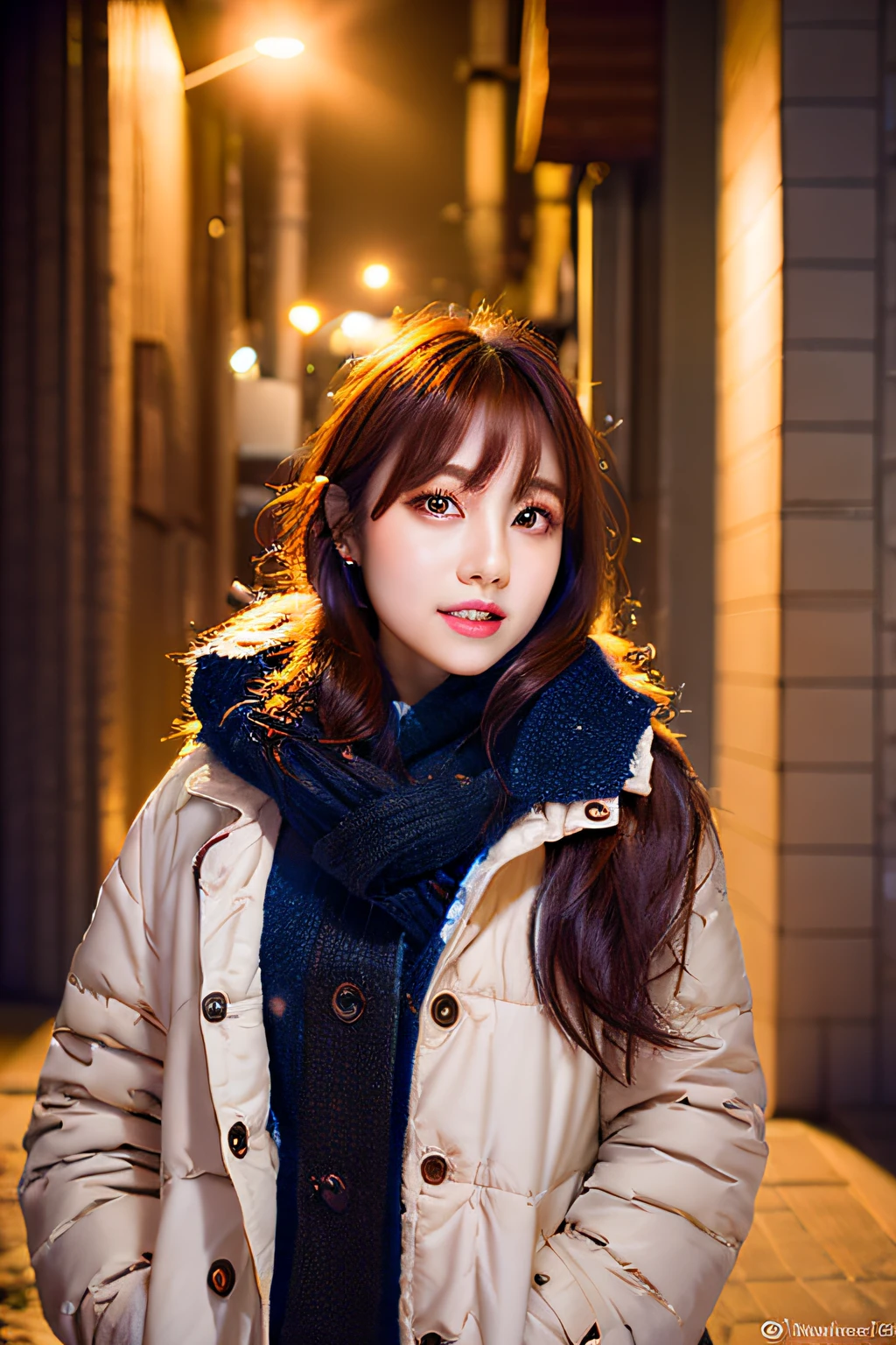 (8k, RAW photo, best quality, masterpiece:1.2), (realistic, photo-realistic:1.37),1girl,(Kpop idol), (aegyo sal:1),cute,cityscape, night, winter, snow, professional lighting, photon mapping, radiosity, physically-based rendering,