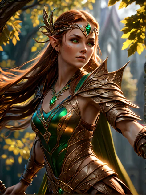 8K, Wood Elf Ranger, (woman's:1.5), Graceful and flexible (athletic build:1.5), emerald eyes (Vibrants:1.5), brown-hair (flowing...