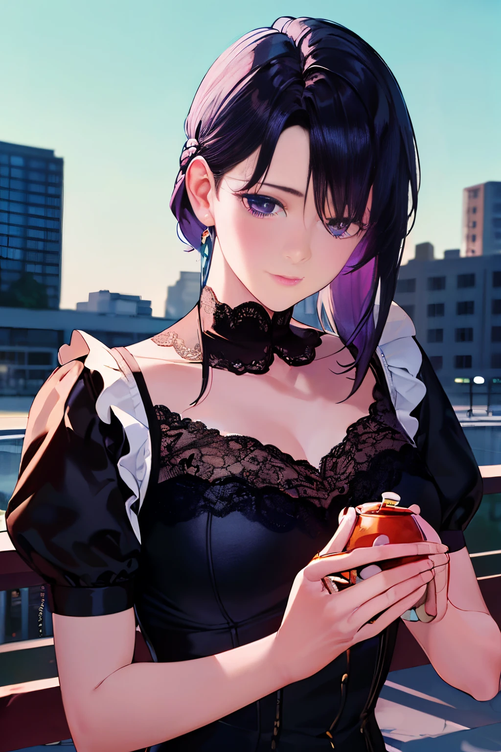 (best quality,4k,8k,highres,masterpiece:1.2),ultra-detailed,(realistic,photorealistic,photo-realistic:1.37), female, black maid clothes, iridescent purple hair, intricate, colorful, Game Illustration, lora:OilPaint:0.7