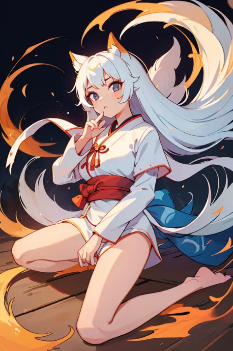 kitsune, cabelo liso e branco, olhos cor cianos, pupilas pretas, pele clara, calda branca, parecida com a ahri, sozinha, adulta,...