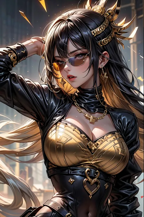 The most gangsta anime girl wearing apex gold and obsidian colors, metal luminance, metal golden pleated shimmer and crystal shi...