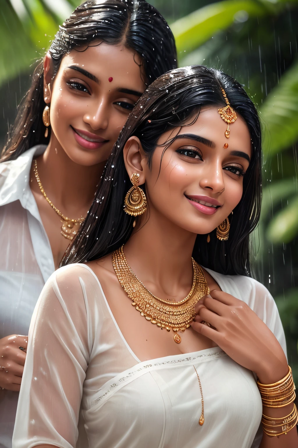 Two women in white outfits posing for a picture in the rain - SeaArt AI