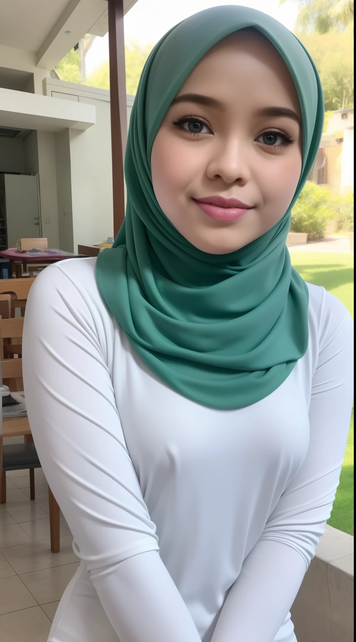 cute malay girl in white color hijab wearing big loose pastel green T ...