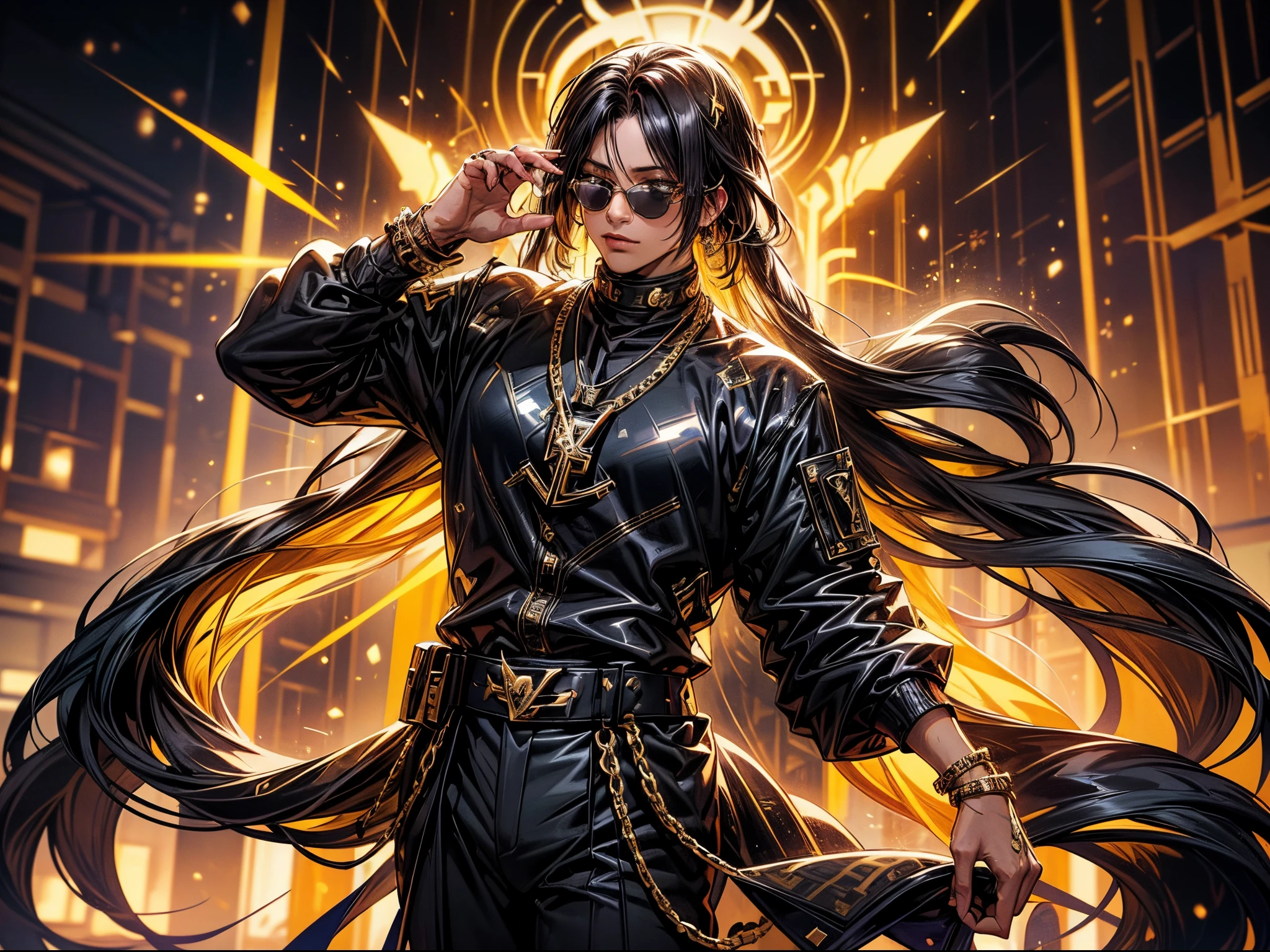 The most gangsta anime man wearing apex gold and obsidian colors, metal luminance, metal golden pleated shimmer and crystal shine, black and yellow you what it is, art deco and art nouveau in this house, king of kings, the most royal mofo out there, background of shimmering golden scales and plated black roses raining down like a moving wallpaper, masterpice in HDR, high exposure and cataclysmic contrast, high octane gameplay big  energy lets go! (versace shades, gucci, saint laurent, luis vuitton:1.4)