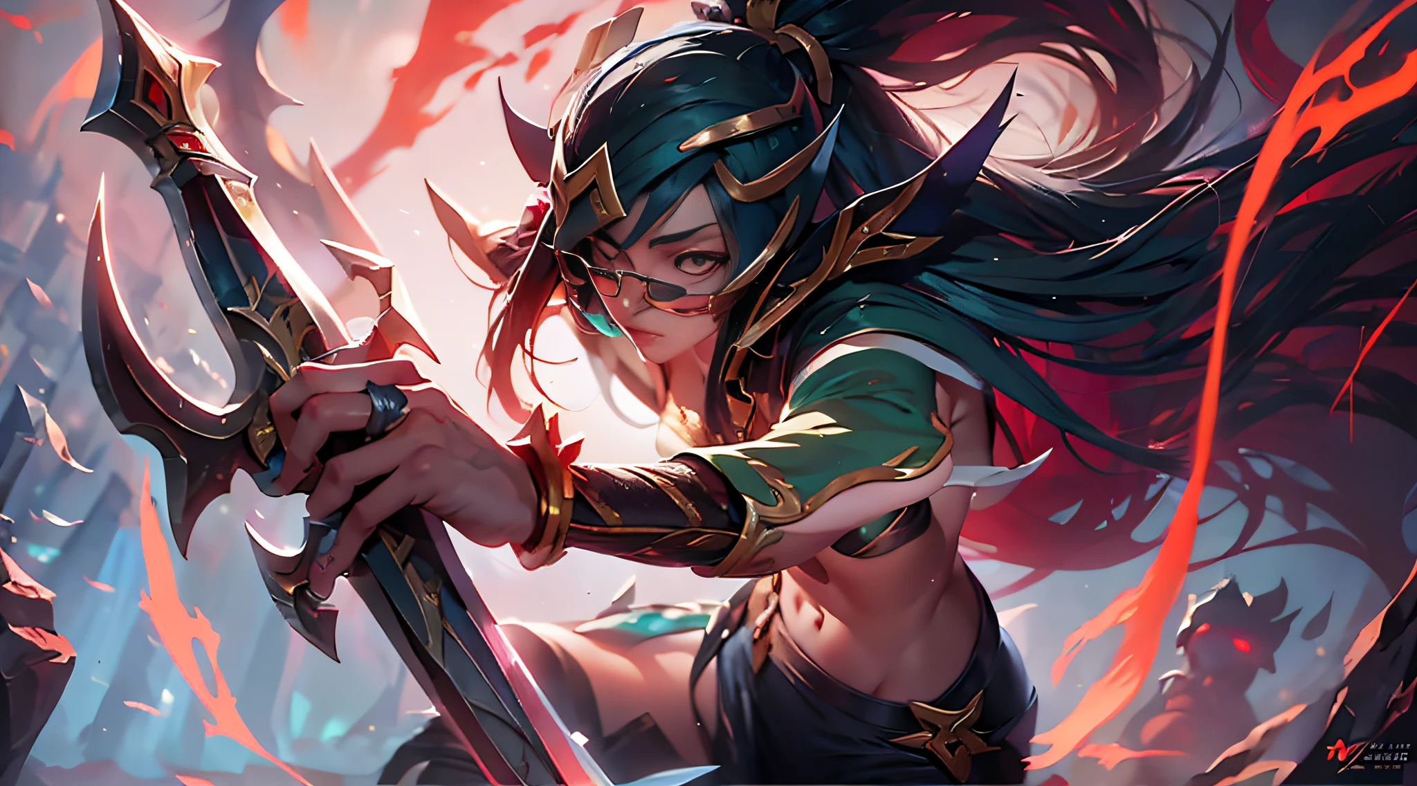 anime - style illustration of a woman with a sword and a demon, akali, akali from league of legends, league of legends character art, league of legends concept art, riot games concept art, league of legends style art, league of legends art, irelia, league of legends splash art, samira from league of legends, league of legends character