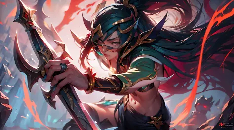 anime - style illustration of a woman with a sword and a demon, akali, akali from league of legends, league of legends character...