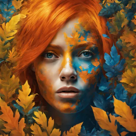 face camouflage of a mysterious woman with orange hair camouflaged in a magical forest, with magical painting in pop culture art...
