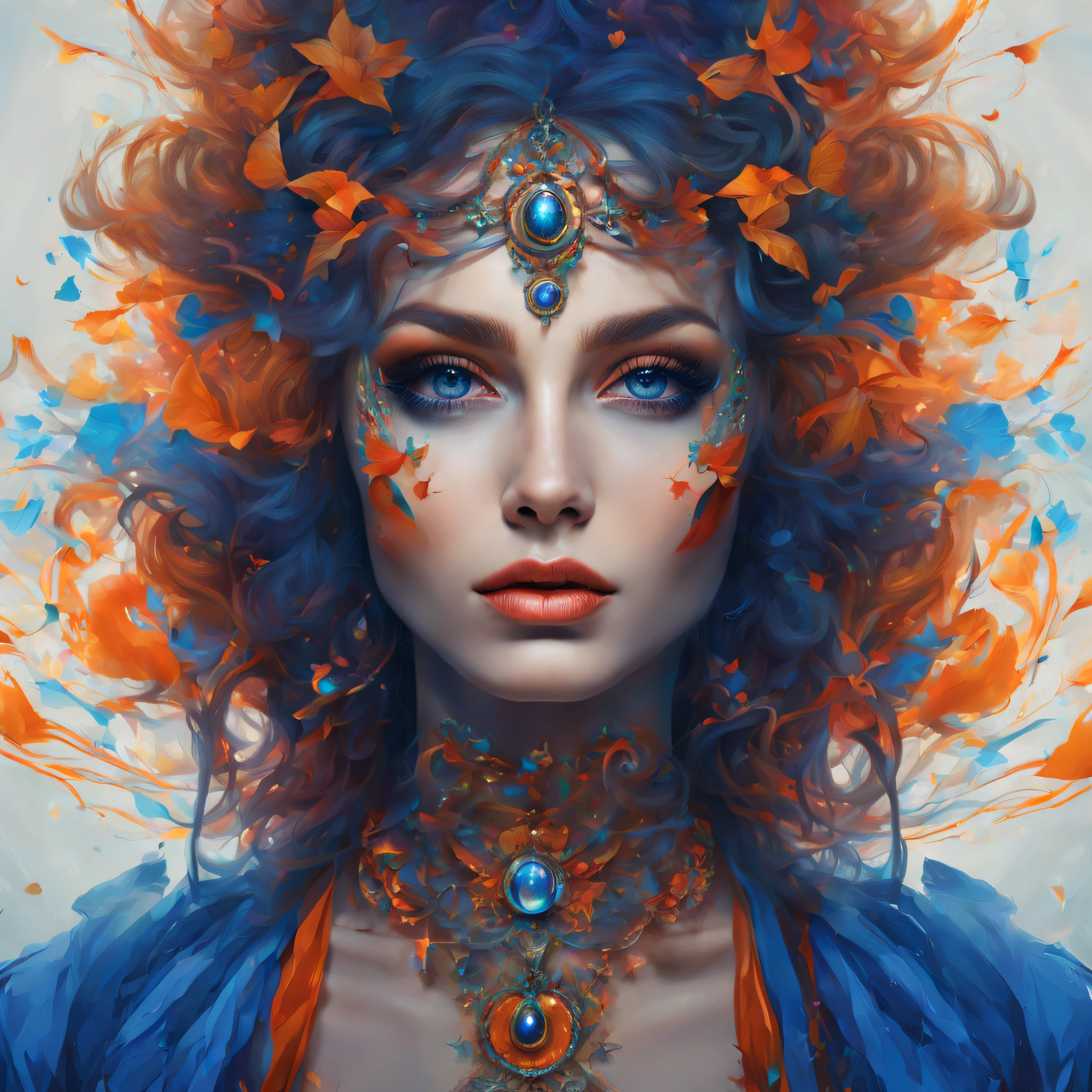 Hyper realistically detailed, magical pop art style of a beautiful and mysterious woman's face, with hair decorated in a magical style, with beautiful makeup with magic, in a magical and beautiful forest, magical art style, with orange coloring with blue and red and tie it up, 8k.