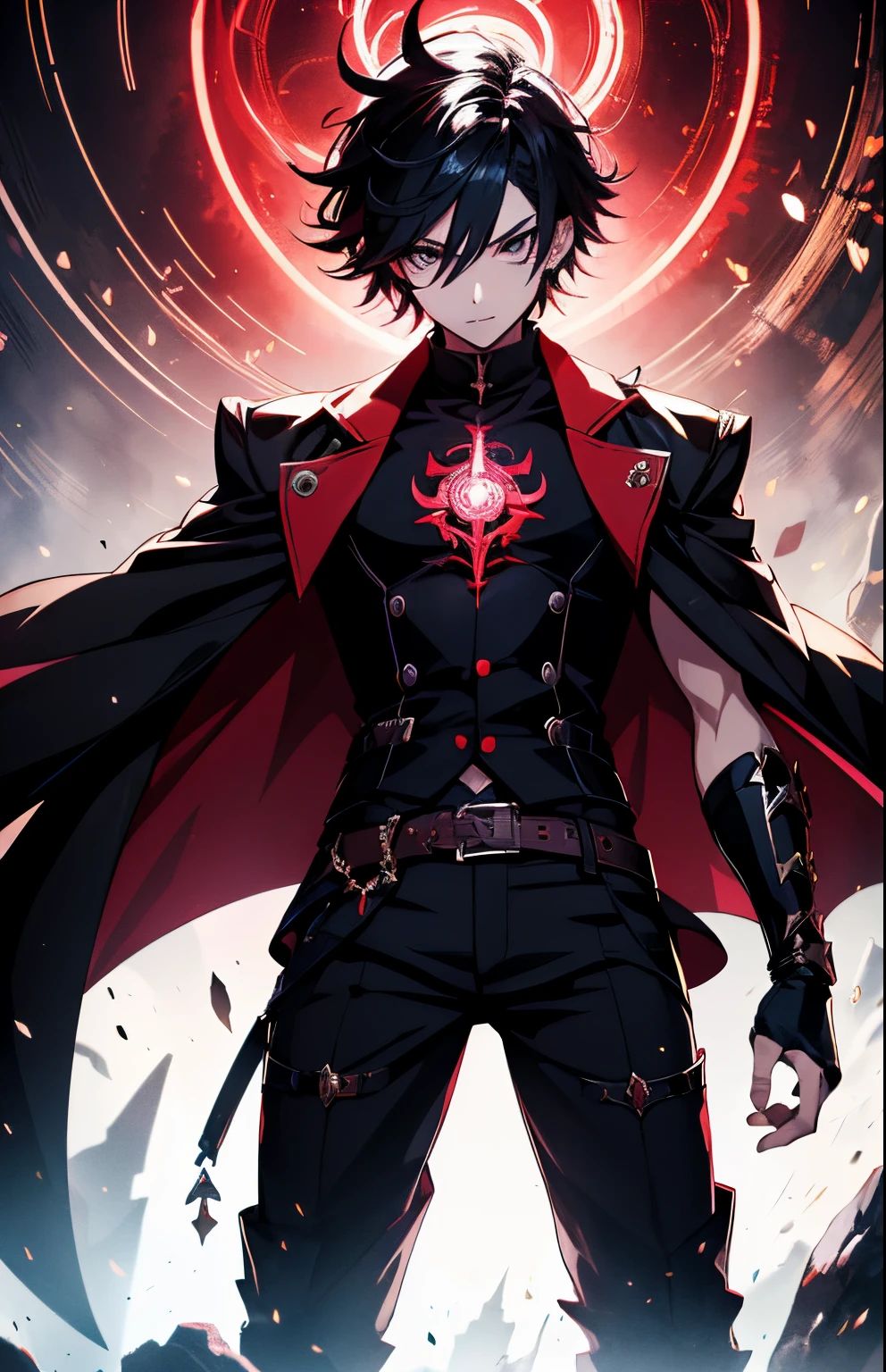 Chico de anime con una luz roja en la mano, joven mago de las sombras, hombre, estilo anime épico, arte clave de anime detallado, estilo shadowverse, anime estilo fantasía, chico demonio, arte clave de anime, héroe demonio