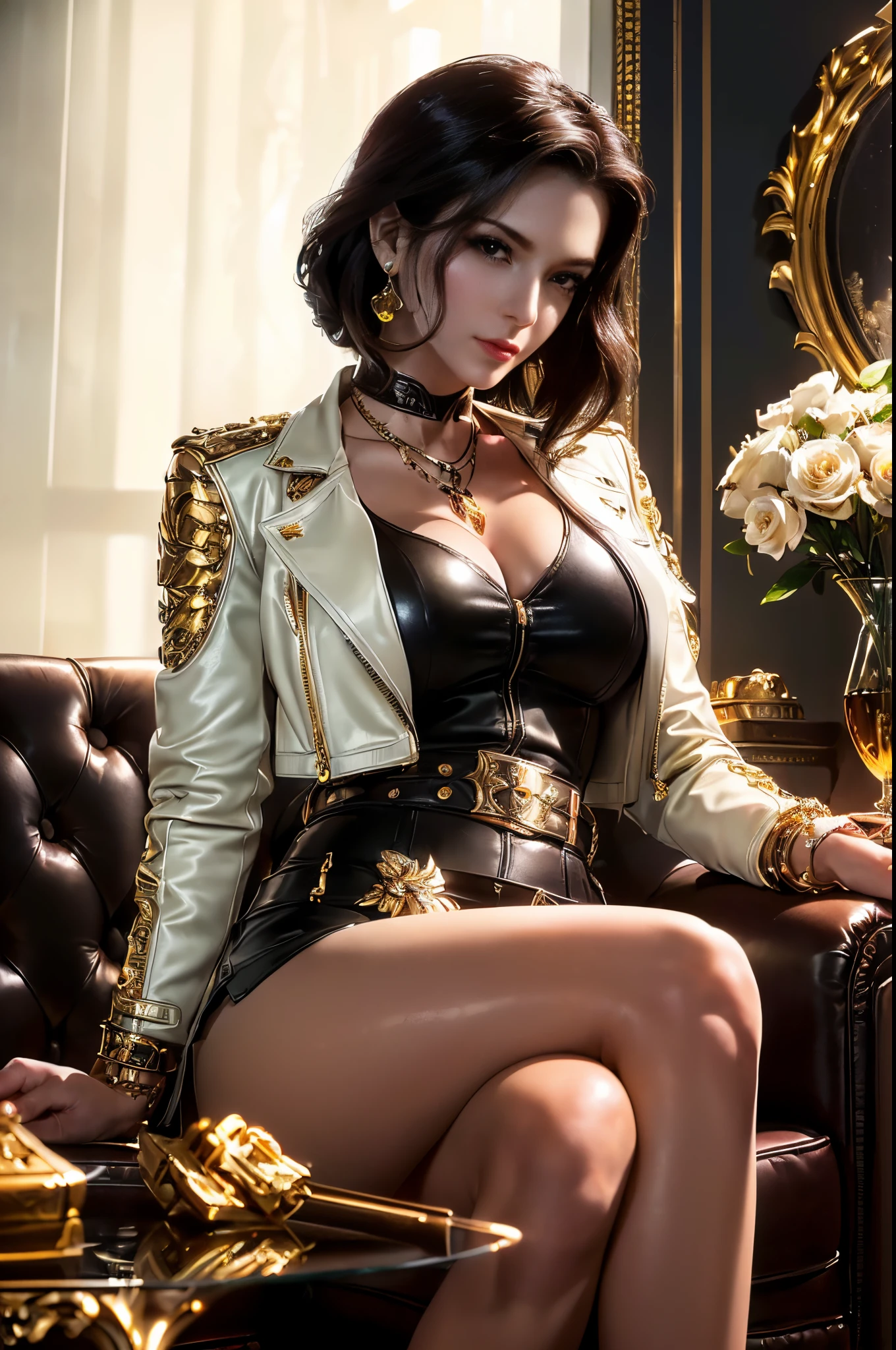 (beautifull mafia lady, medium bob hair, sitting on sofa, holding gold bar, gold bar everywhere, gold belt, detail luxury hairpin, mafia house, (luxury house ornament), (detail luxury leather jacket), (detail luxury leather skirt), expensive detailed necklace, flower vase on glass table,  beautifull face, pretty face, beautifull eyes, beautifull nose, sexy lips, polished nails, raytracing, beautifull fingers, beautifull hands, sexy belly, sexy body, sexy shoulders, sexy hips, (luxury arm ornament), (luxury bracelet), (luxury ring), (luxury necklace), (luxury earring), (4 fingers in 1 hand), full body picture, pretty makeup, perfect anatomy, good lighting, professional photoshoot, closed up shoot, photomodel, photogenic