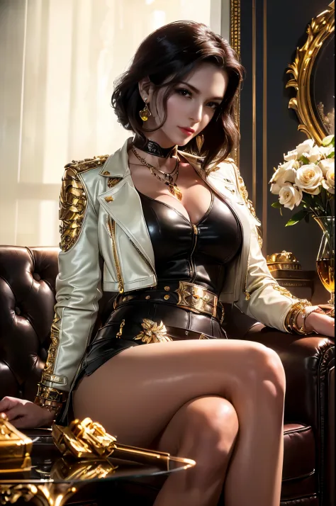 (beautifull mafia lady, medium bob hair, sitting on sofa, holding gold bar, gold bar everywhere, gold belt, detail luxury hairpi...