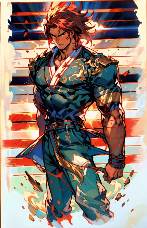 a young man, deep blue short hair, a dense and voluminous spiky hairstyle, two long hair bangs, an arrogant demeanor, a fierce gaze, brown skin, simple solid-colored traditional Chinese clothing, a red belt, flowing hem, red wrist guards, coarse cloth trou...