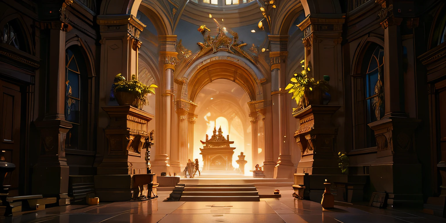 un pasillo poco iluminado con un gran arco y una escalera, Sala del Trono Decadente, unreal engine 5 render dramatic, Unreal Engine Fantasy Art, Unreal Engine Render Concept Art, throne room, Fondo de pantalla de Unreal Engine 4K, Estilo de Marc Simonetti, square enix cinematic art, Unreal Engine 5 Arte digital, Motor irreal. film still, Arte del motor irreal