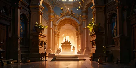 un pasillo poco iluminado con un gran arco y una escalera, Sala del Trono Decadente, unreal engine 5 render dramatic, Unreal Eng...