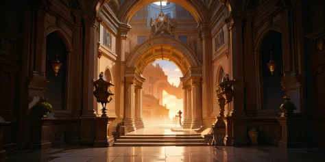 un pasillo poco iluminado con un gran arco y una escalera, Sala del Trono Decadente, unreal engine 5 render dramatic, Unreal Eng...