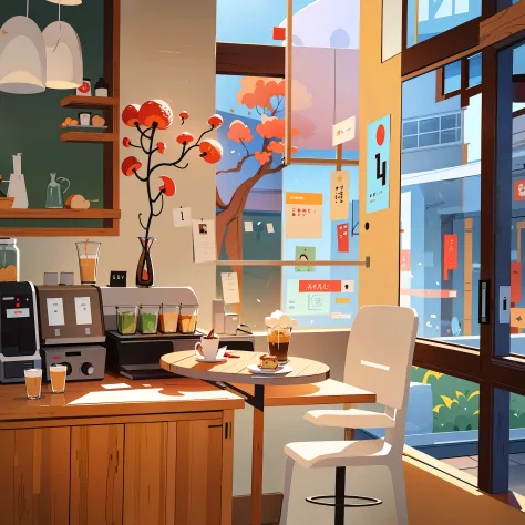 there is a counter with a cake on it in a small room, by Nōami, with backdrop of natural light, cafe, cafe interior, by INO, -n ...