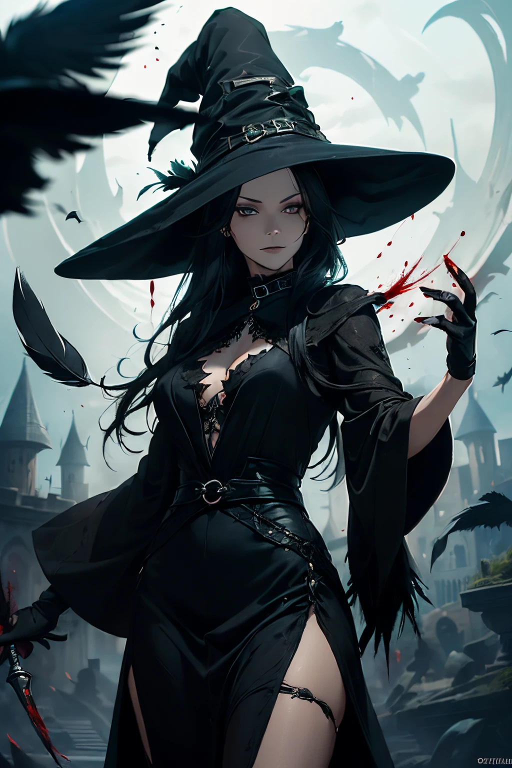 (((One female witch, around 40 years old, dressed in a long black dress made of raven feathers))), long black hair, light blue eyes, voluptuos, perfectly drawn face, fantasy setting, anime, (black chocker), ((bloodmancer)), masterpiece
