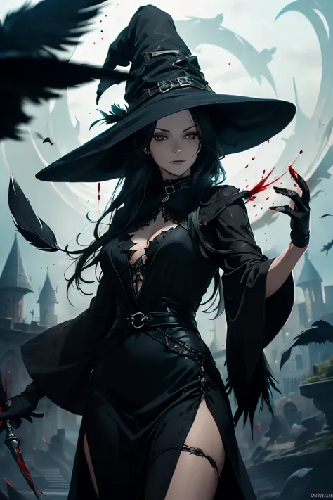(((One female witch, around 40 years old, dressed in a long black dress made of raven feathers))), long black hair, light blue e...