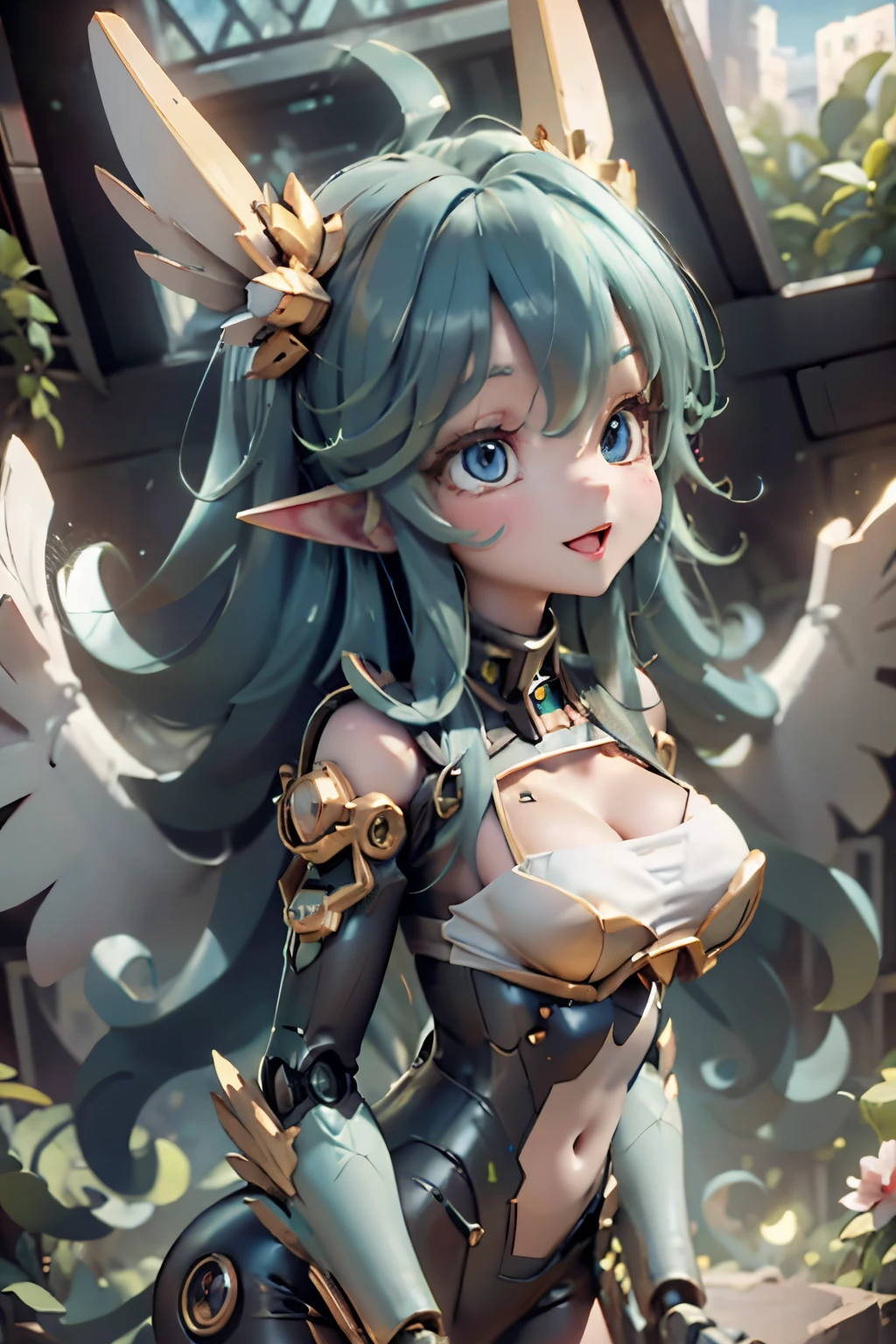 ​masterpiece、top-quality、hight resolution、8K、Baby face、1beautiful girl、20yr old、Harpy、mechs、a mecha girl、Mecha harpy、kawaii eyes、big eye、dark light blue eyes、green colored hair、Twin-tailed、Smile with open mouth、teak、lip stick、bikini-armor、sexypose、dynamicposes、From Side,