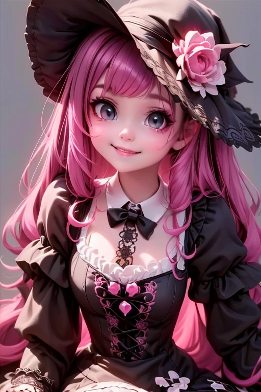 eine Nahaufnahme von einem (Dämonenmädchen) lächelnd in einem schwarzen Spitzenoutfit, Rüschen-Outfit, Witchcore-Kleidung, Fantasie-Outfit, Lolita-Stil, süßer clowncore, Märchenkern, Stil eines magischen Mädchens, Gothic-Mädchen, süßer, , 1 7 - year - old anime Gothic-Mädchen