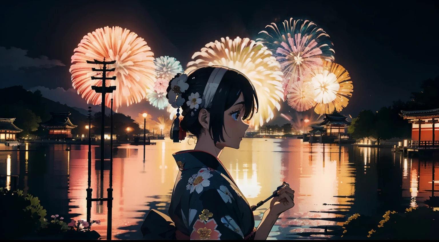 Massive landscape、Top image quality、8K、Profile of a girl in a yukata、shrines、Festival of the Japan、dark ilumination、Fireworks、Your name is、独奏、colourfull、Intricate details、florals、waterface、