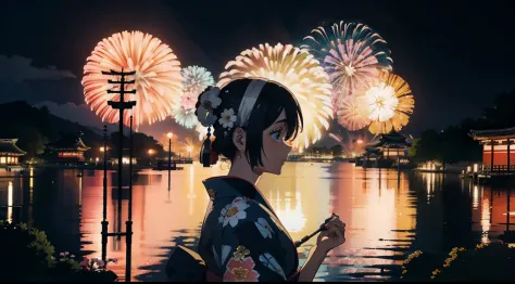 Massive landscape、Top image quality、8K、Profile of a girl in a yukata、shrines、Festival of the Japan、dark ilumination、Fireworks、Yo...