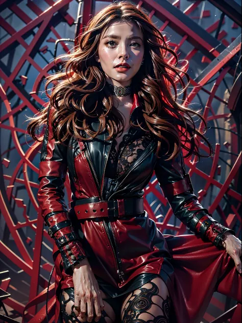 extremely detailed photo of a woman, loraelizabeth, scarlet witch, avengers, wearing black lace dress, open red leather jacket, ...