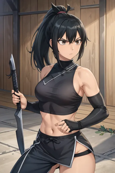 woman, pretty face, black hair, ponytail, black eyes, athletic body, ninja blue clothes, holding two daggers,serious, brown skintone, small breast, light armor, ninja mask, tanned skin, large thighs, sure