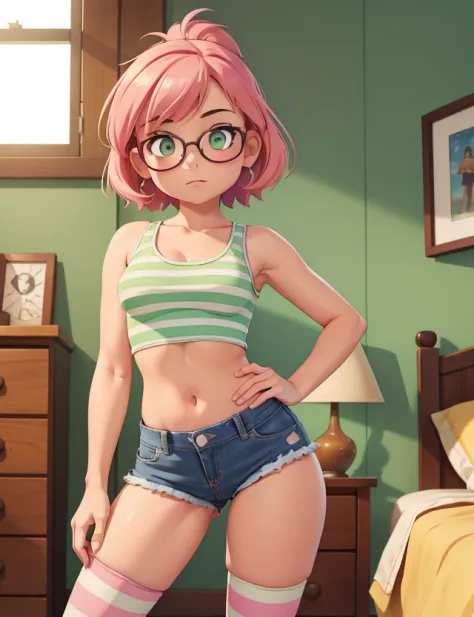 1girl, small breasts, small hips, green eyes, pink hair, crop top, denim shorts, bedroom, striped thighhighs,,pervert, petite, g...