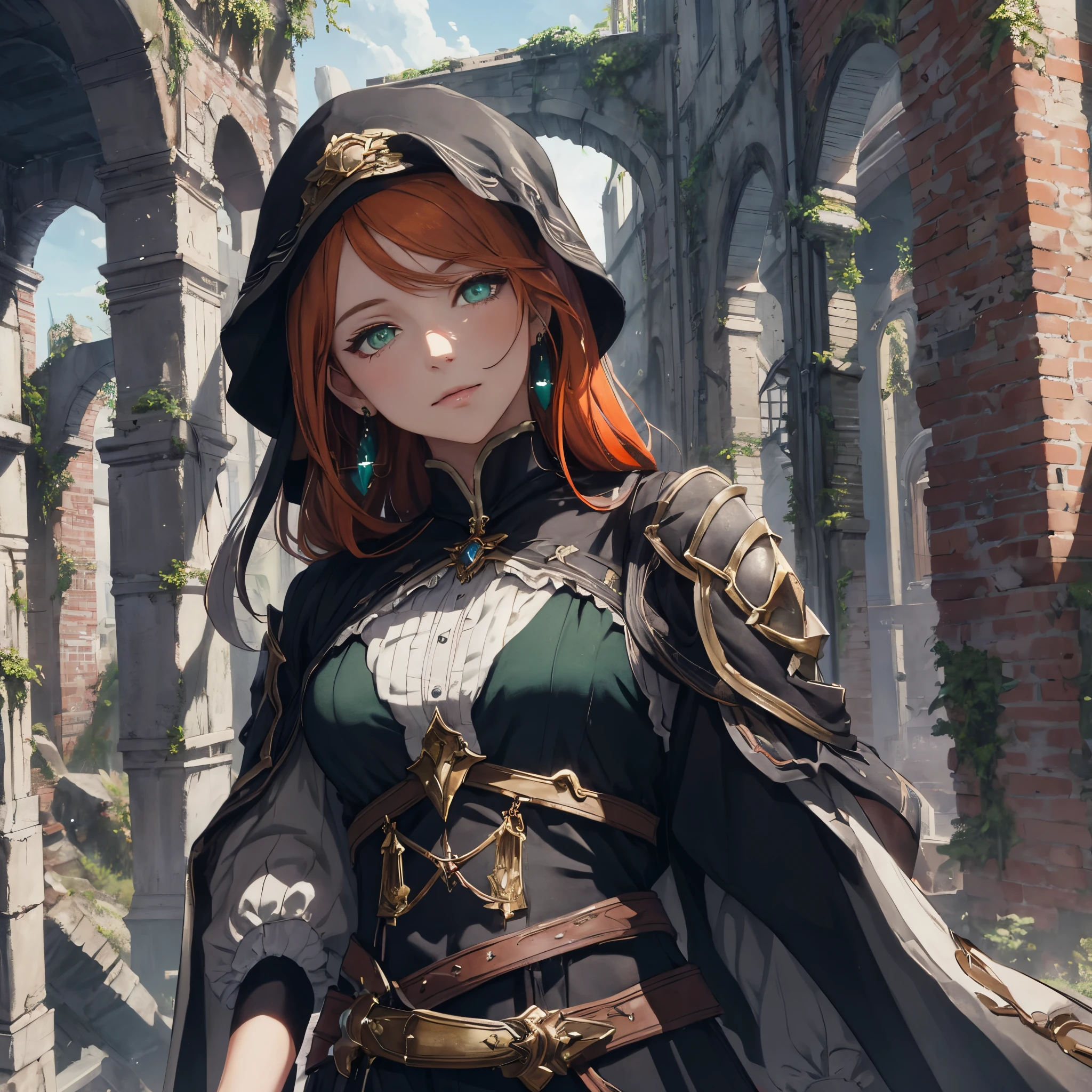 masterpiece, best quality, 1woman, adult, female focus, solo, orange hair, vibrant green eyes, looking at viewer, closed mouth, Fantasy aesthetics, fantasy earring, Highly detailed, shadowverse style, city ruin background, in the city ruin