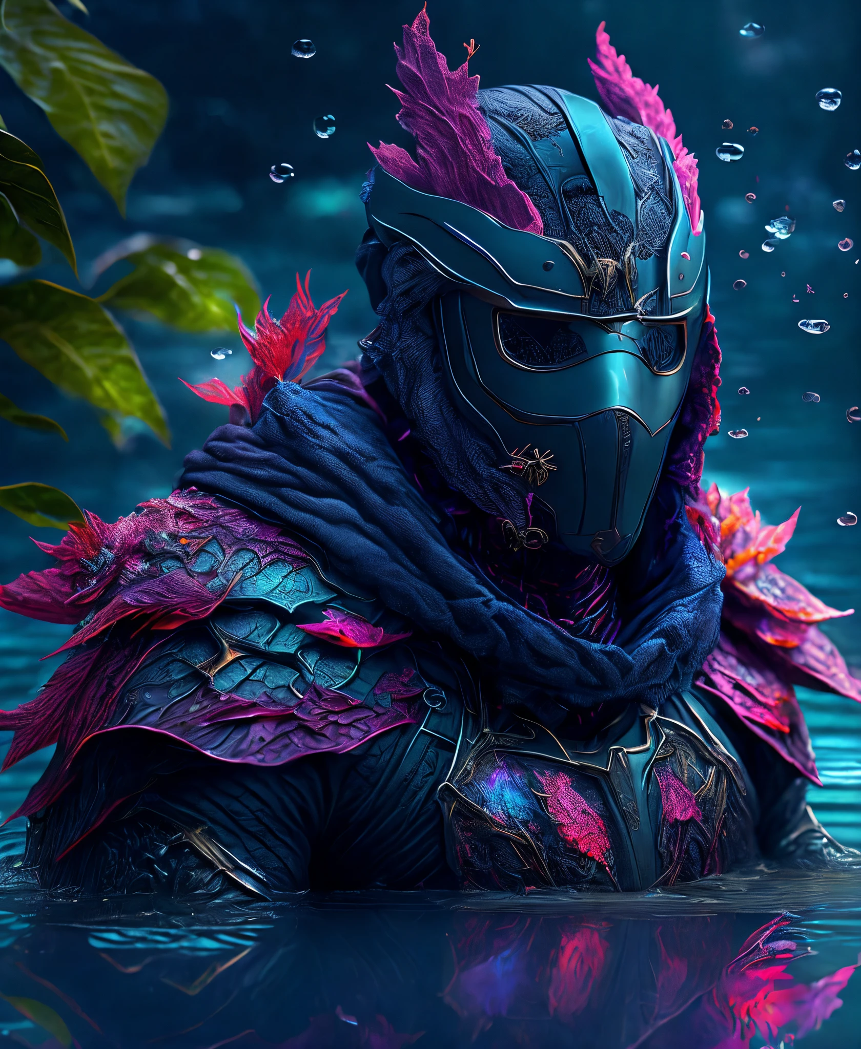 (extremadamente detallado 8k wallpaper), De cerca (  Hombre de agua enmascarado de Marvel vestido al estilo gótico.: 1.3) saliendo de un lago, coloridos colores de la naturaleza, extremadamente detallado, iluminación volumétrica