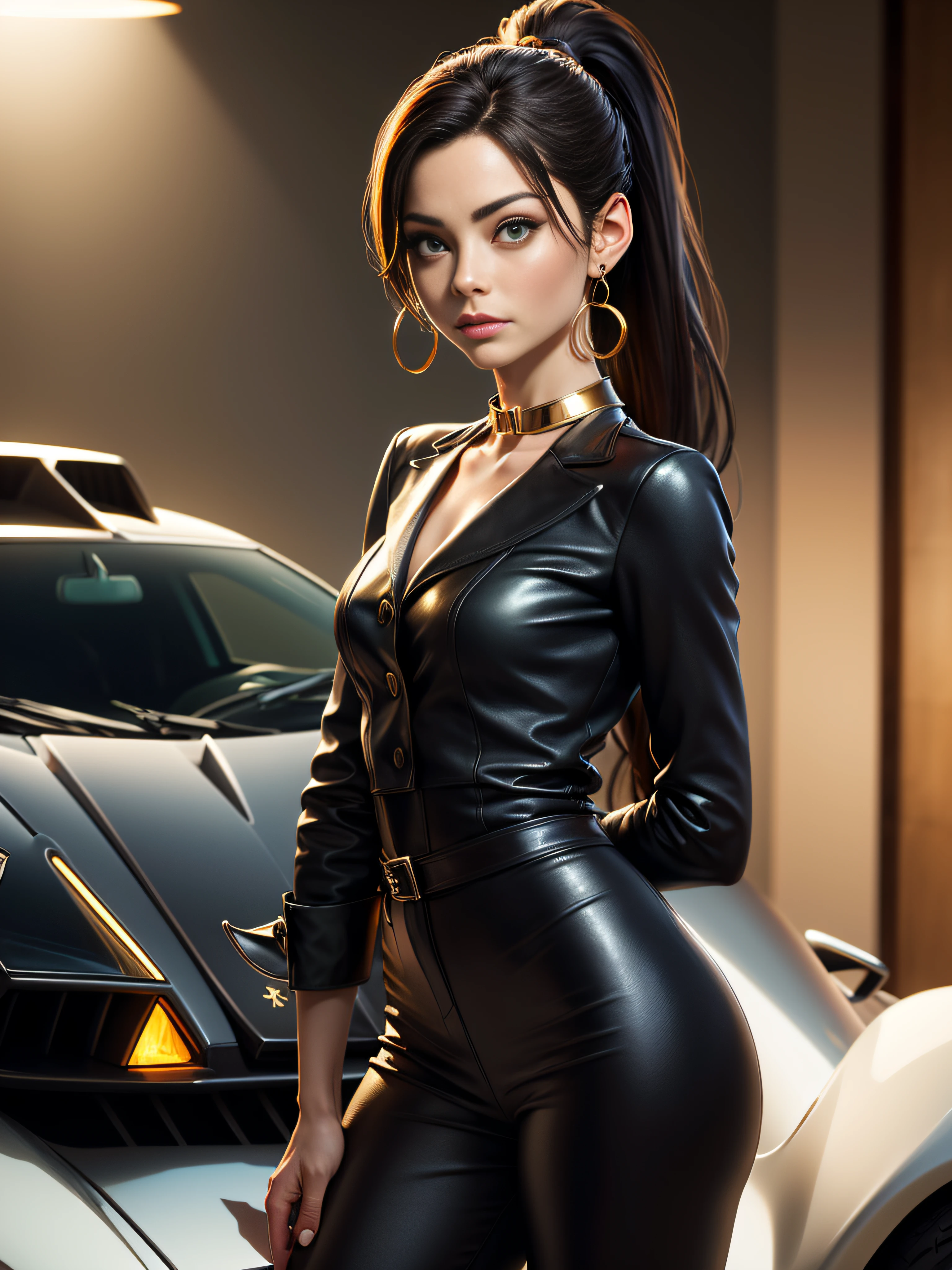 A close up of a woman in a leather outfit standing next to a sports car -  SeaArt AI